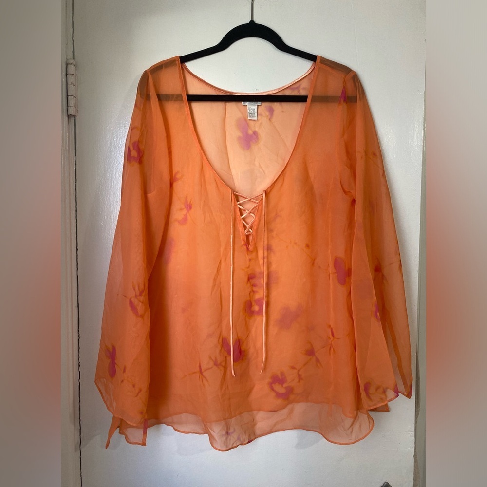 Sheer Orange Y2K Tie Dye Cover Up Blouse